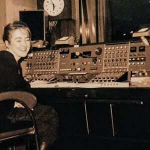 Sara Starling voice over at a mixing desk BBC Broadcasting House London