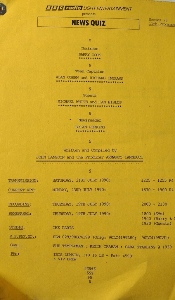 100th BBC Birthday-an old script for The News Quiz, listing Studio Manager Sara Starling